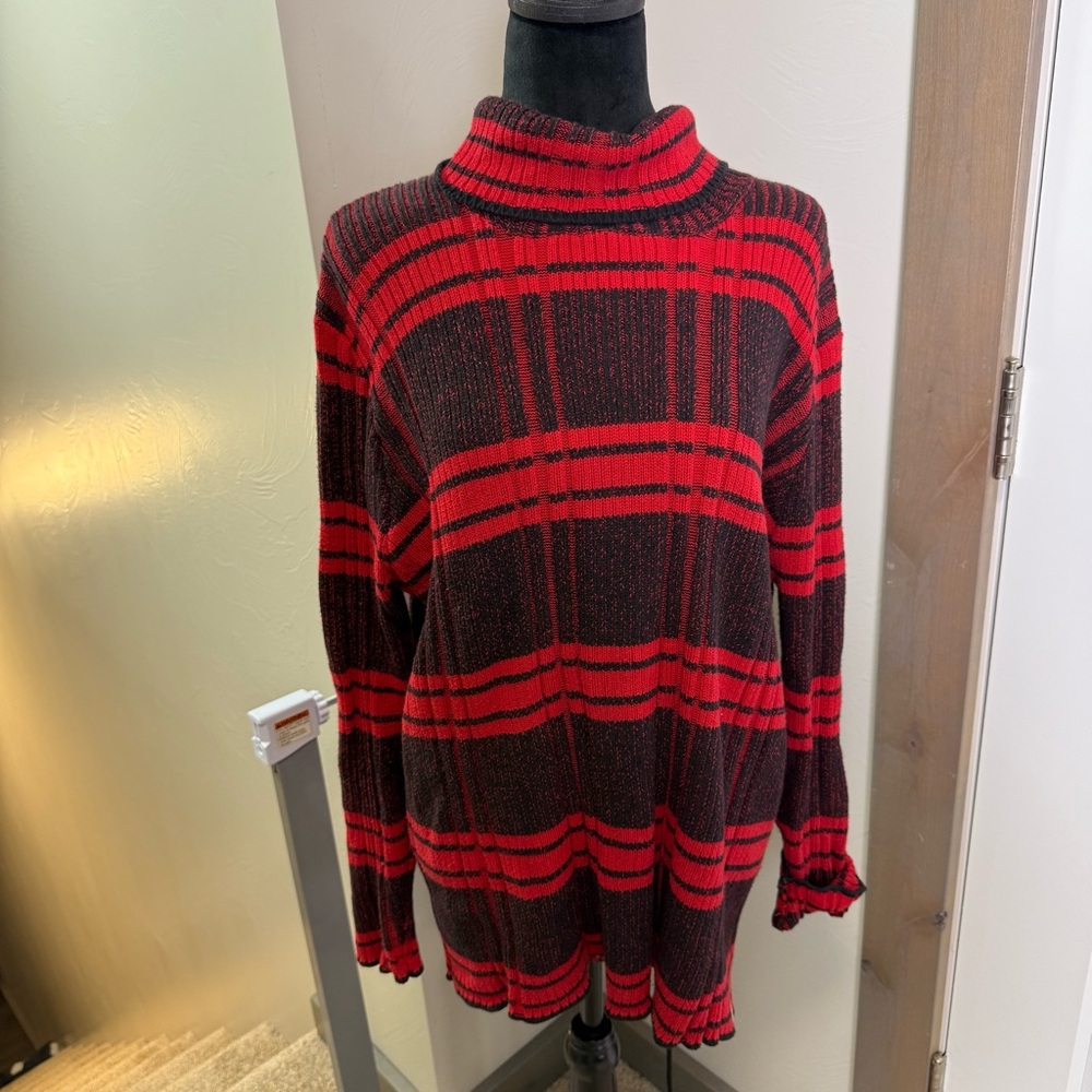 Woolrich‎ 100% Cotton Black Red Buffalo Plaid Cowl Turtleneck Sweater Tunic Knit